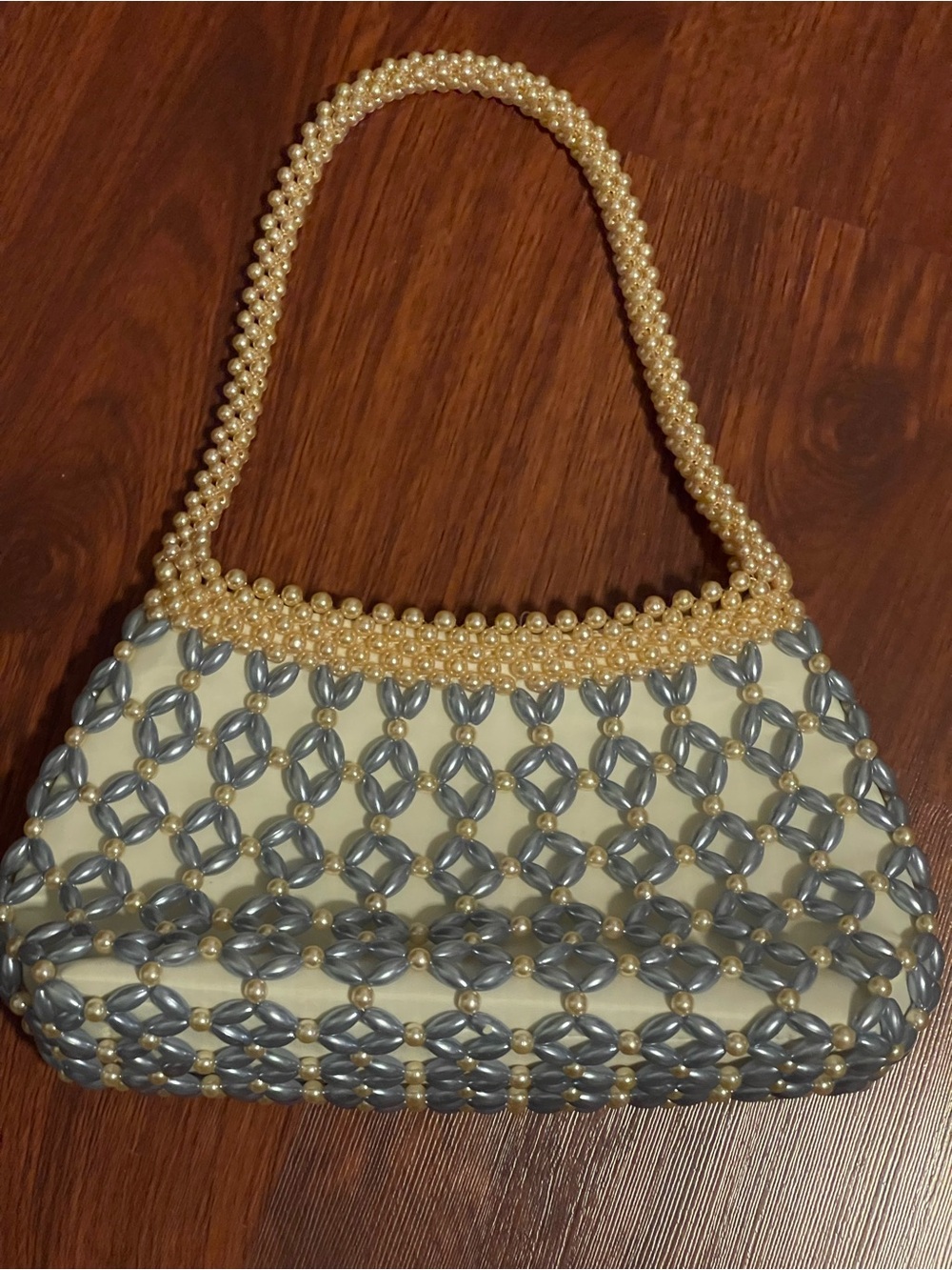 Pearl-Trim Beaded Shoulder Bag in Cream and blue